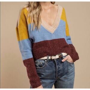 For Love & Lemons Color Block Deep V Knit Sweater Size M